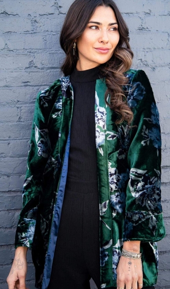 Anthropologie Eva Franco XS Green Velvet Bloom Car Coat - Picture 7 of 8